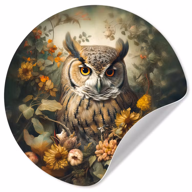 Uil - Vogels - Bloemen - Natuur Wandcirkel behangsticker klein -3d