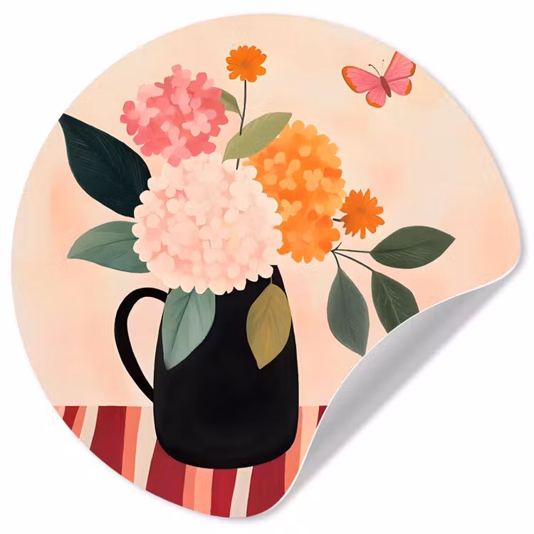 Vaas - Bloemen - Vlinder - Rood Wandcirkel behangsticker klein -3d