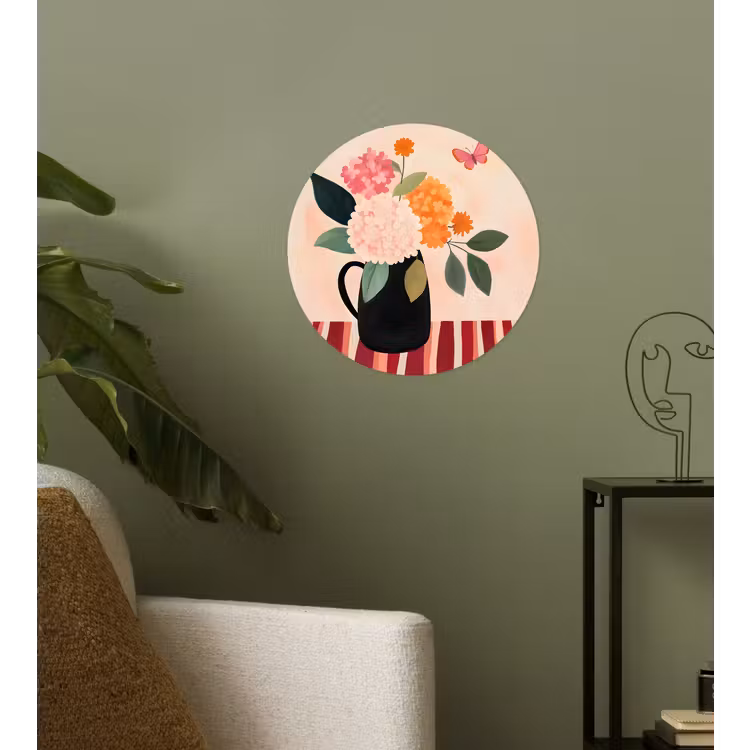 Vaas - Bloemen - Vlinder - Rood Wandcirkel behangsticker klein -sfeer2