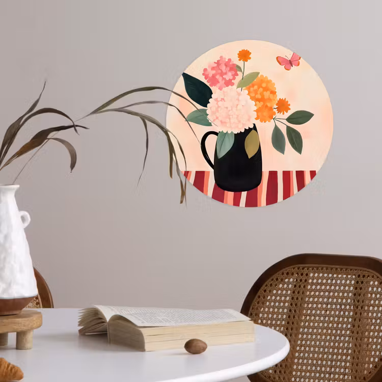 Vaas - Bloemen - Vlinder - Rood Wandcirkel behangsticker klein -sfeer3
