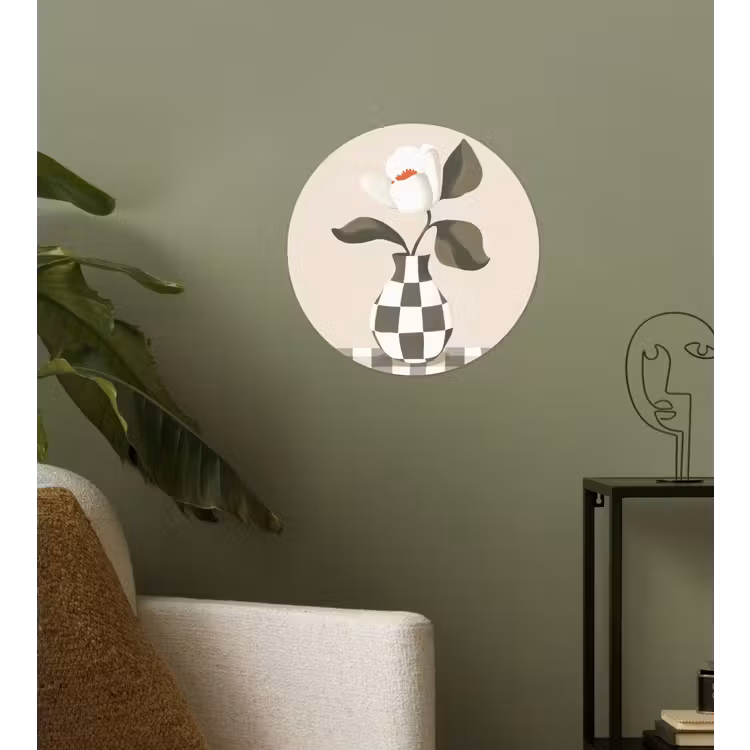 Vaas - Geruit - Groen - Bloem Wandcirkel behangsticker klein -sfeer2