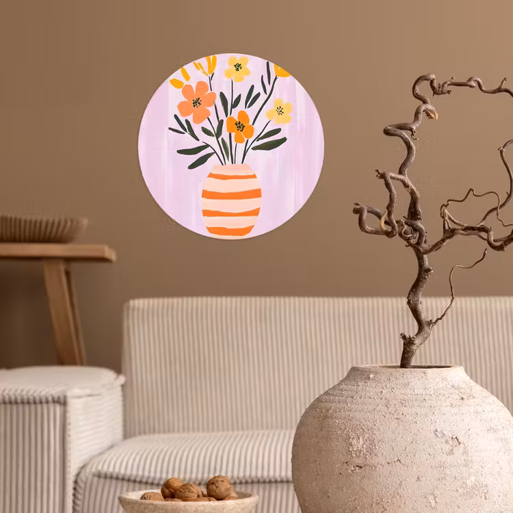 Vaas - Gestreept - Bloemen - Oranje Wandcirkel behangsticker klein -sfeer1