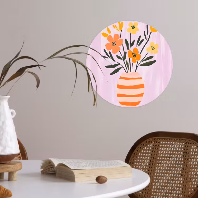 Vaas - Gestreept - Bloemen - Oranje Wandcirkel behangsticker klein -sfeer3