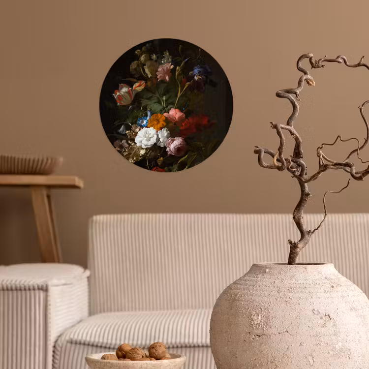 Vaas met bloemen - Schilderij van Rachel Ruysch Wandcirkel behangsticker klein -sfeer1