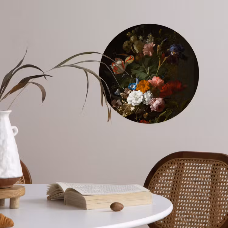 Vaas met bloemen - Schilderij van Rachel Ruysch Wandcirkel behangsticker klein -sfeer3