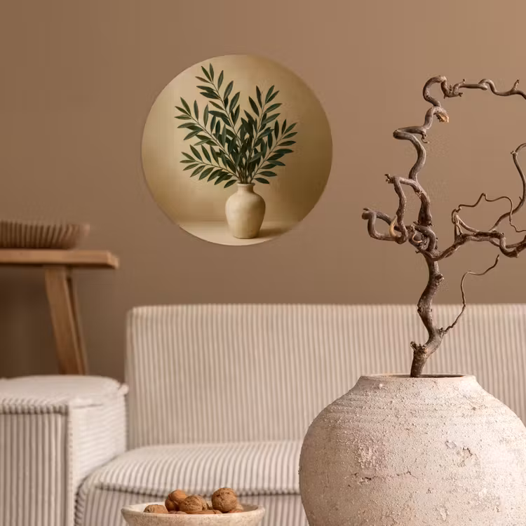 Vaas - Olijftakken - Bladeren - Beige Wandcirkel behangsticker klein -sfeer1