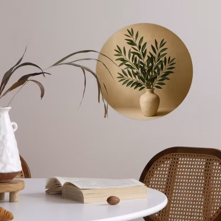 Vaas - Olijftakken - Bladeren - Beige Wandcirkel behangsticker klein -sfeer3