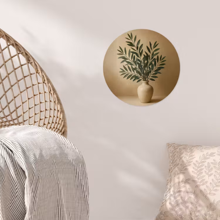 Vaas - Olijftakken - Bladeren - Beige Wandcirkel behangsticker klein -sfeer4