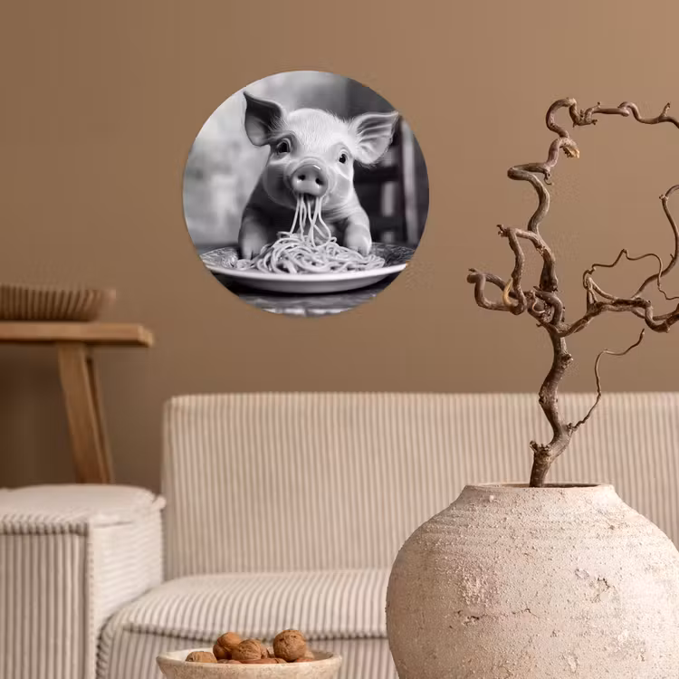 Varken - Schattig - Spaghetti - Zwart wit - Dier Wandcirkel behangsticker klein -sfeer1