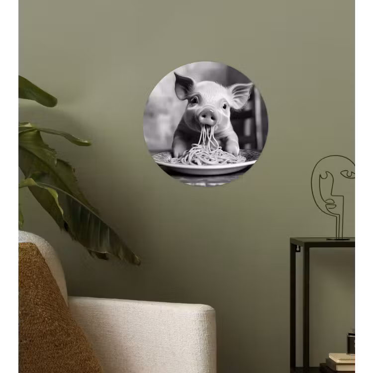 Varken - Schattig - Spaghetti - Zwart wit - Dier Wandcirkel behangsticker klein -sfeer2