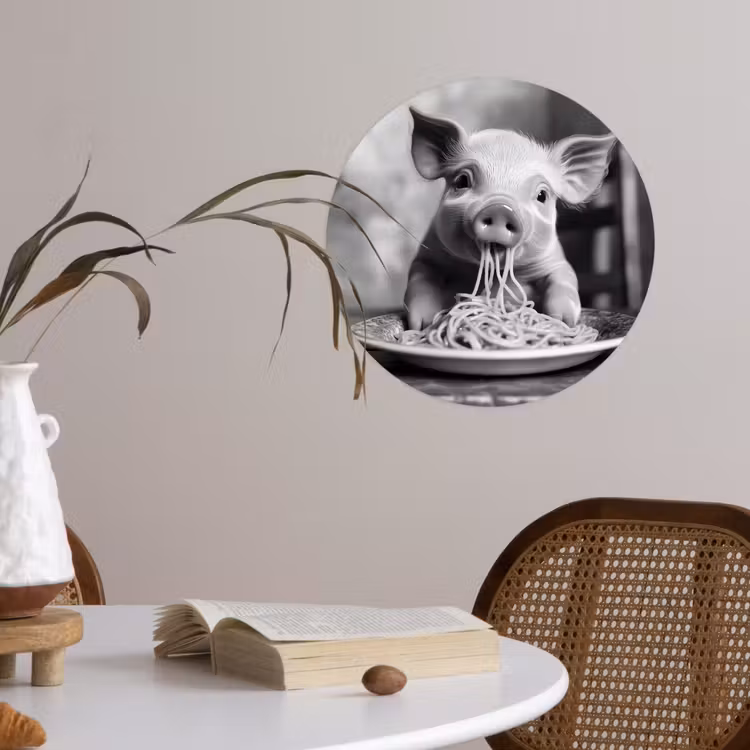 Varken - Schattig - Spaghetti - Zwart wit - Dier Wandcirkel behangsticker klein -sfeer3