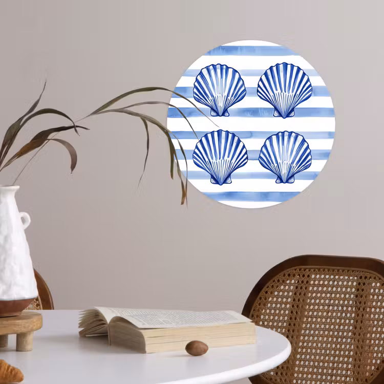 Vier schelpen - Blauw - Wit - Strepen Wandcirkel behangsticker klein -sfeer3