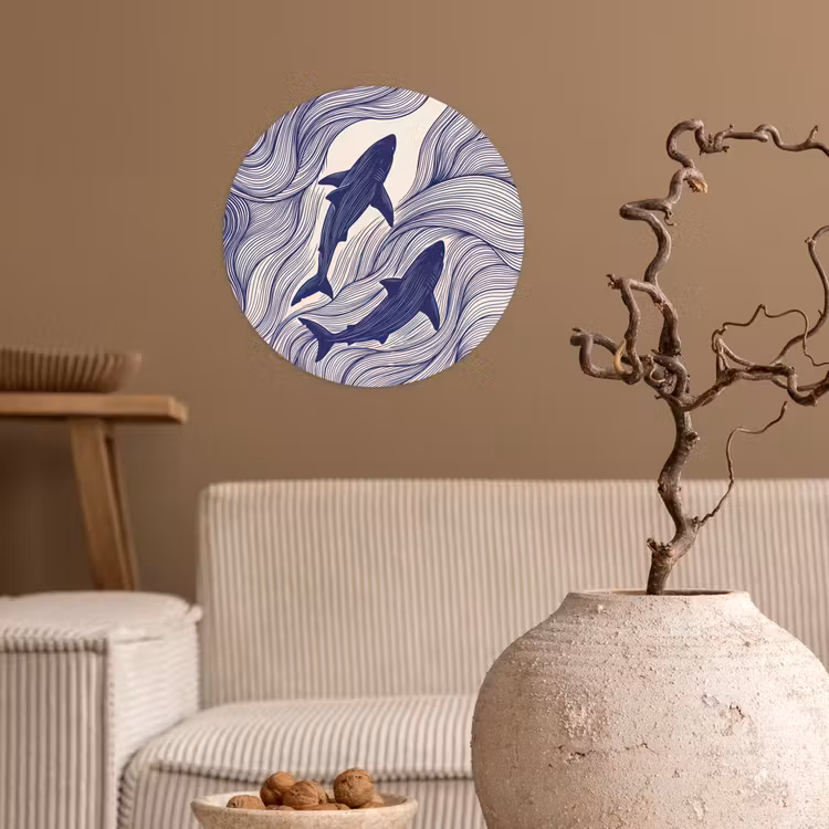 Vis - Oceaan - Lijntekening - Blauw - Dieren Wandcirkel behangsticker klein -sfeer1