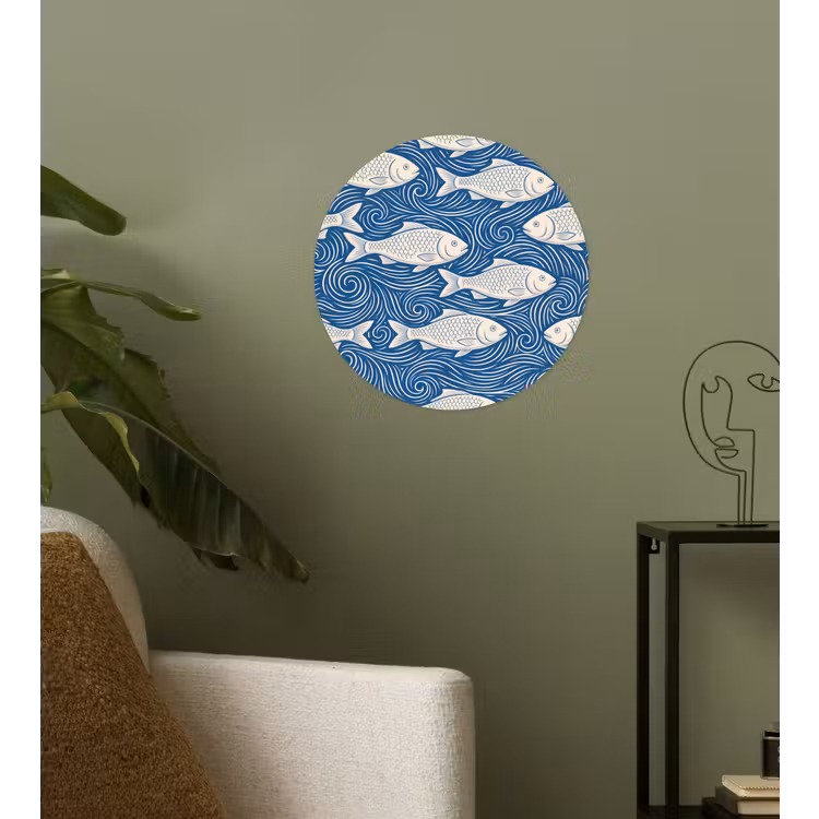 Vis - Water - Patroon - Grafisch - Blauw Wandcirkel behangsticker klein -sfeer2