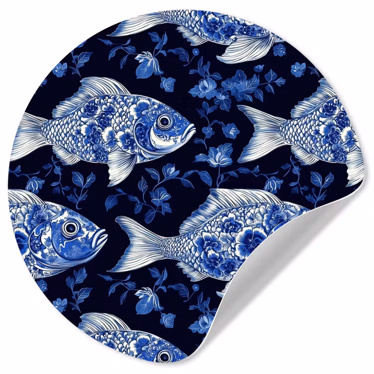 Vissen - Bloemen - Blauw Wandcirkel behangsticker klein 186 -3d