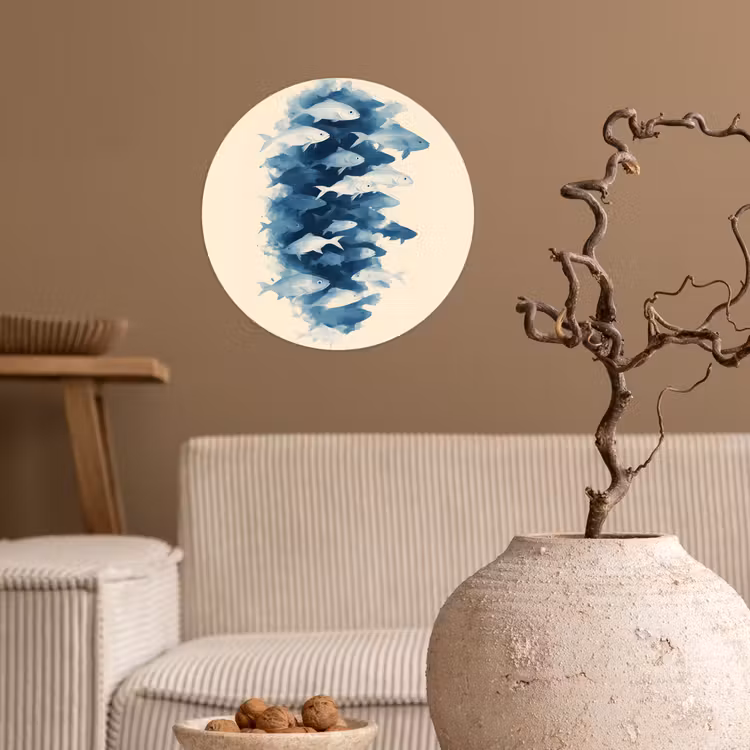 Vissen - Minimalistisch - Blauw Wandcirkel behangsticker klein -sfeer1