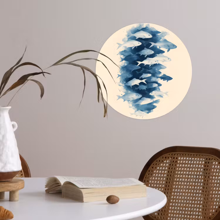 Vissen - Minimalistisch - Blauw Wandcirkel behangsticker klein -sfeer3
