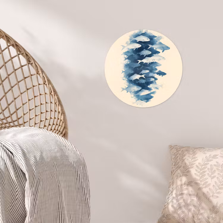 Vissen - Minimalistisch - Blauw Wandcirkel behangsticker klein -sfeer4