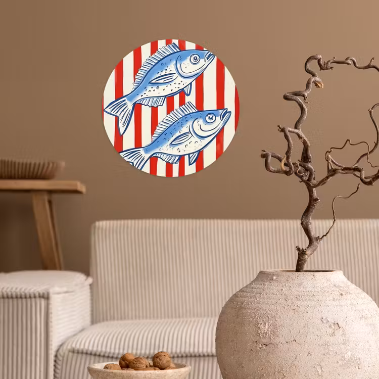 Vissen - Verticale strepen - Blauw - Rood Wandcirkel behangsticker klein -sfeer1