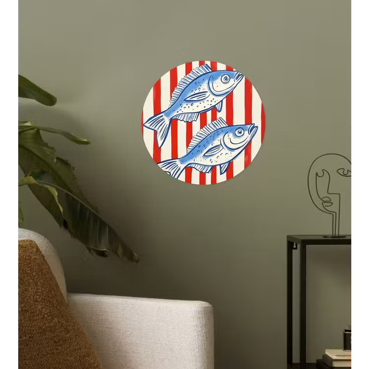 Vissen - Verticale strepen - Blauw - Rood Wandcirkel behangsticker klein -sfeer2