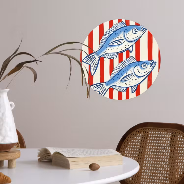 Vissen - Verticale strepen - Blauw - Rood Wandcirkel behangsticker klein -sfeer3