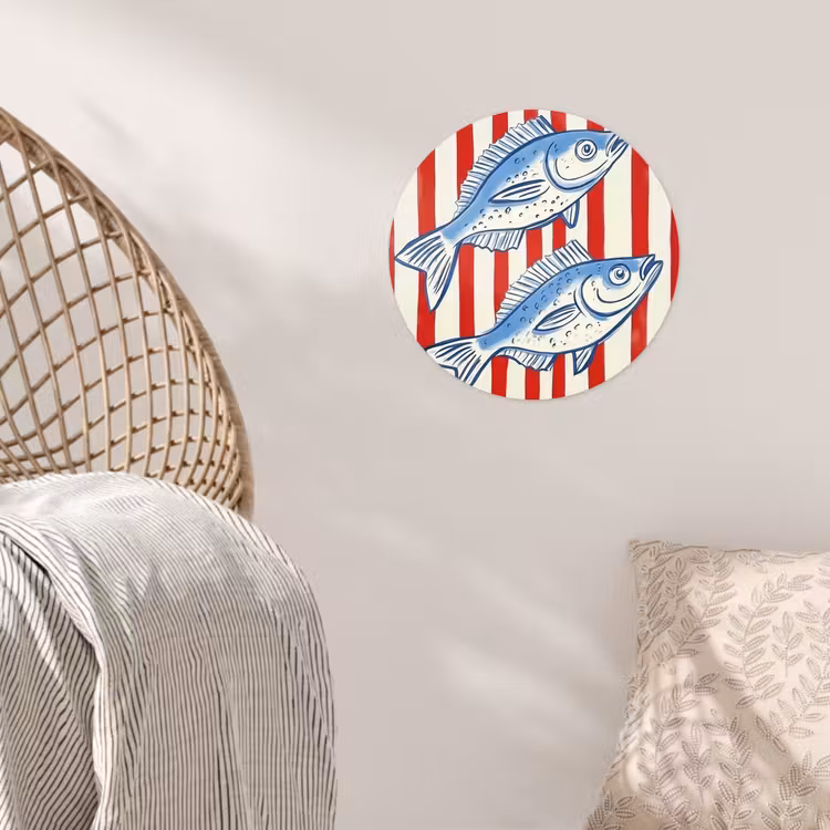 Vissen - Verticale strepen - Blauw - Rood Wandcirkel behangsticker klein -sfeer4