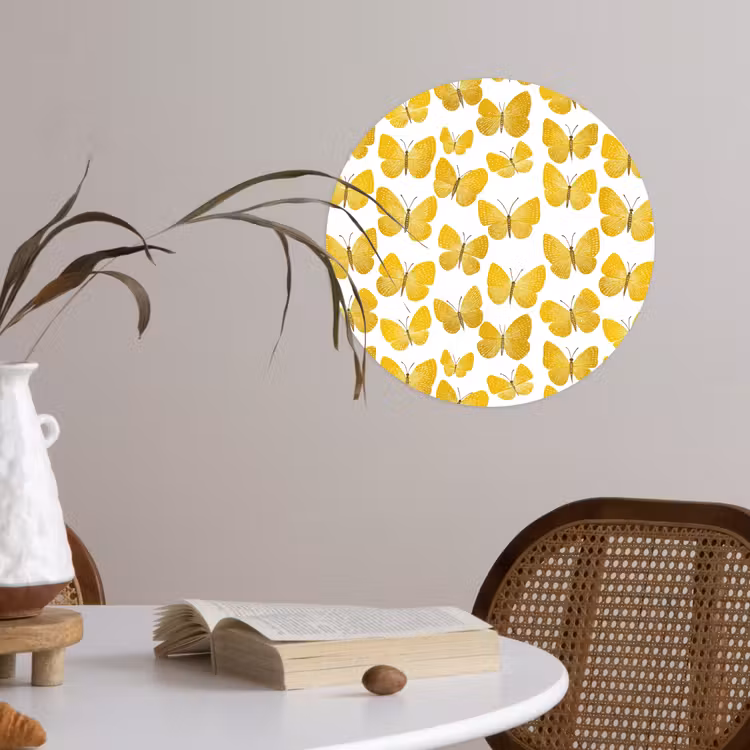 Vlinders - Botanisch - Illustratie - Geel - Wit Wandcirkel behangsticker klein 186 -sfeer3