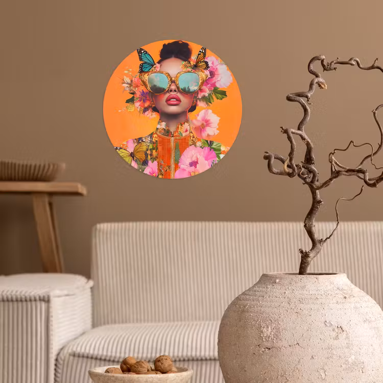 Vlinders - Vrouw - Zonnebril - Kleurrijk Wandcirkel behangsticker klein -sfeer1