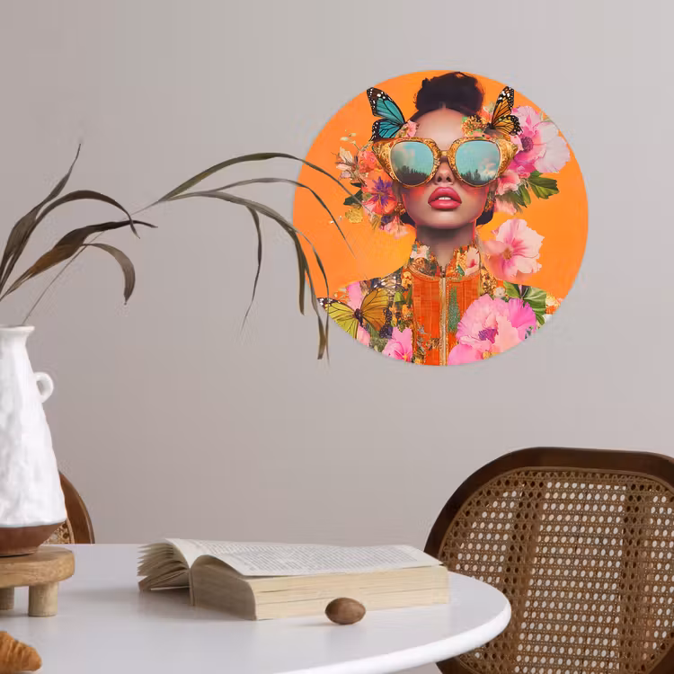 Vlinders - Vrouw - Zonnebril - Kleurrijk Wandcirkel behangsticker klein -sfeer3