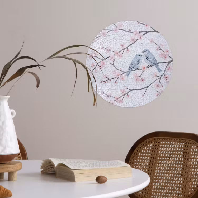 Vogel - Bloemen - Natuur - Mozaïek - Roze Wandcirkel behangsticker klein -sfeer3