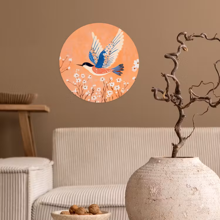 Vogel - Bloesemtakken - Warm - Kleurrijk Wandcirkel behangsticker klein -sfeer1