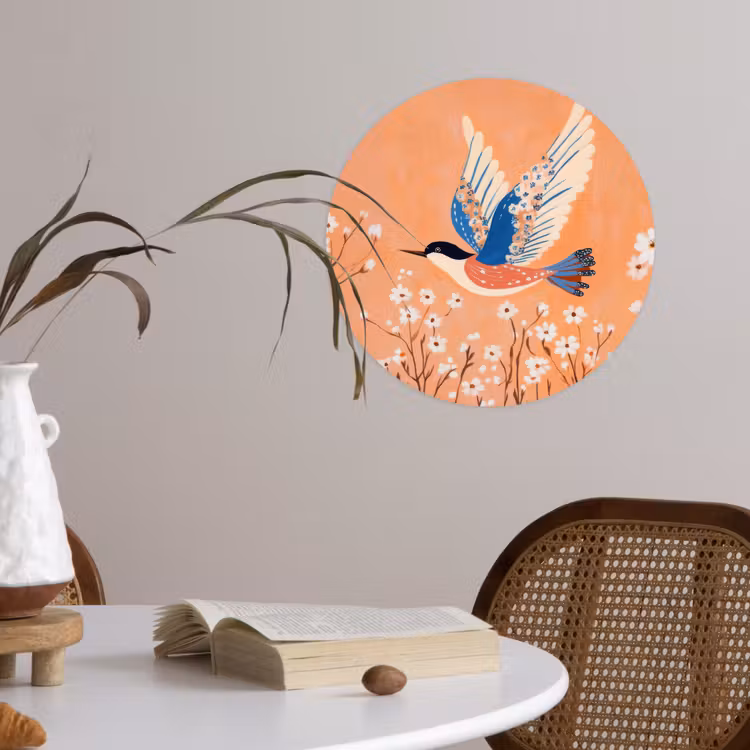 Vogel - Bloesemtakken - Warm - Kleurrijk Wandcirkel behangsticker klein -sfeer3