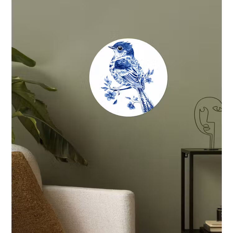 Vogel - Delfts blauw - Illustratie - Bloemen Wandcirkel behangsticker klein -sfeer2