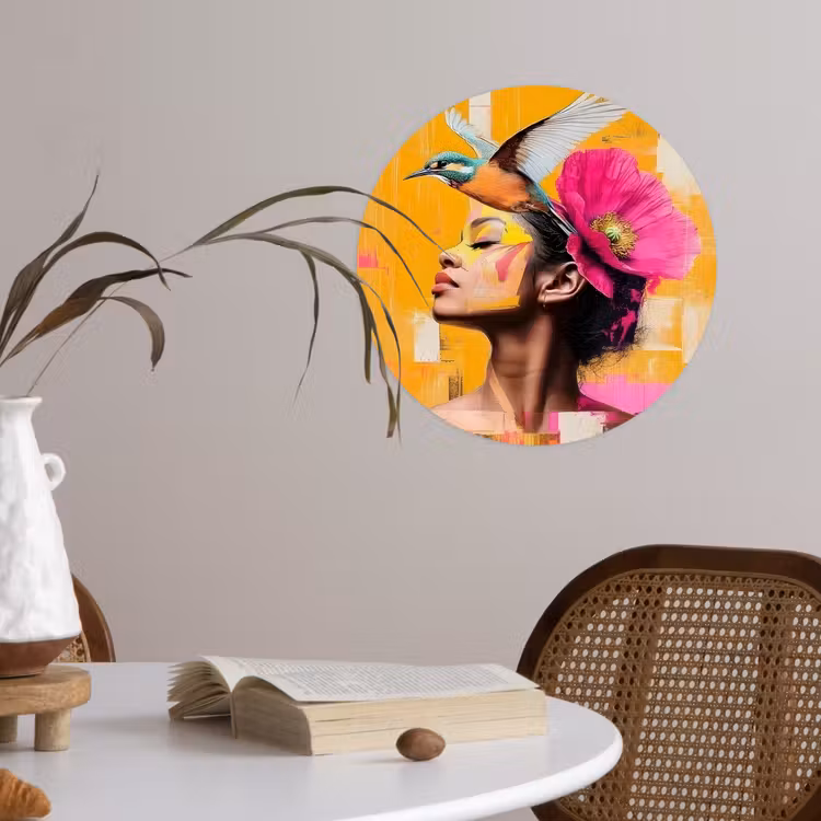 Vogel - Vrouw - Abstract - Bloem Wandcirkel behangsticker klein -sfeer3