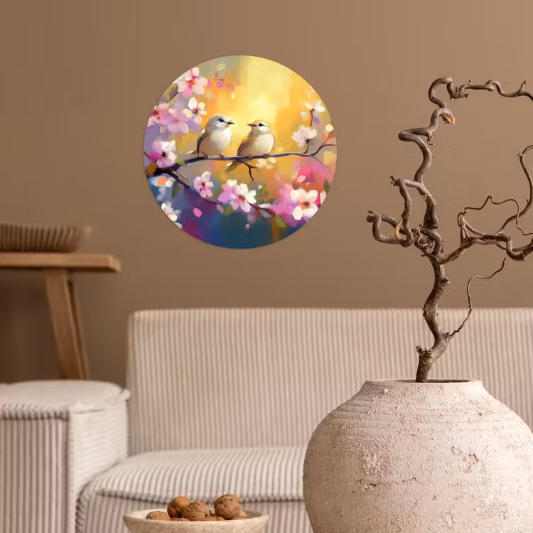 Vogels - Bloemen - Roze Wandcirkel behangsticker klein -sfeer1