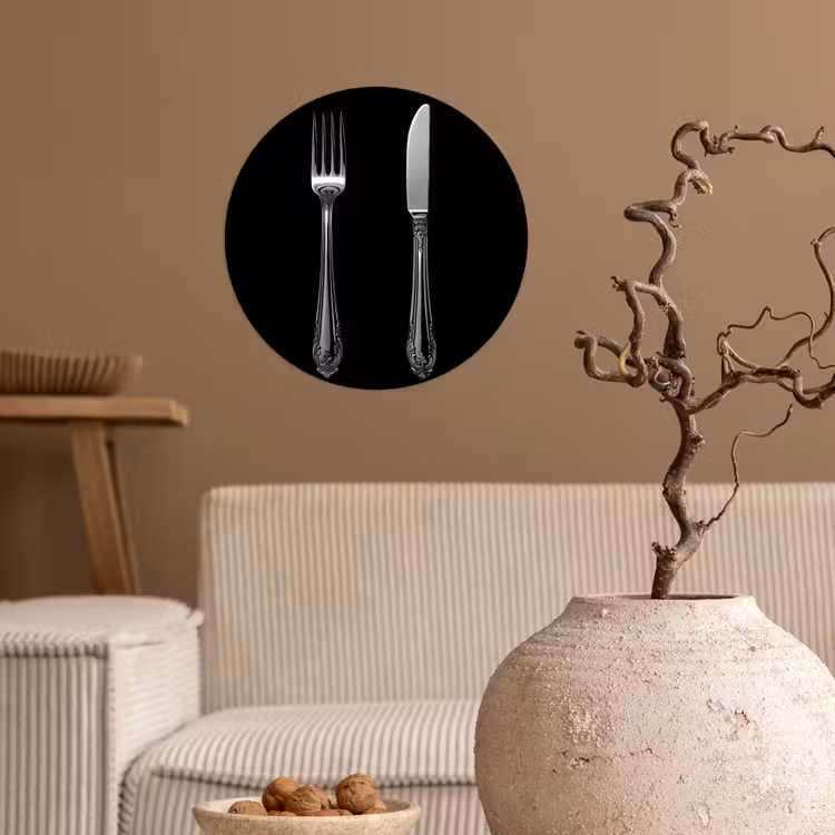 Vork - Mes - Zilver Wandcirkel behangsticker klein -sfeer1