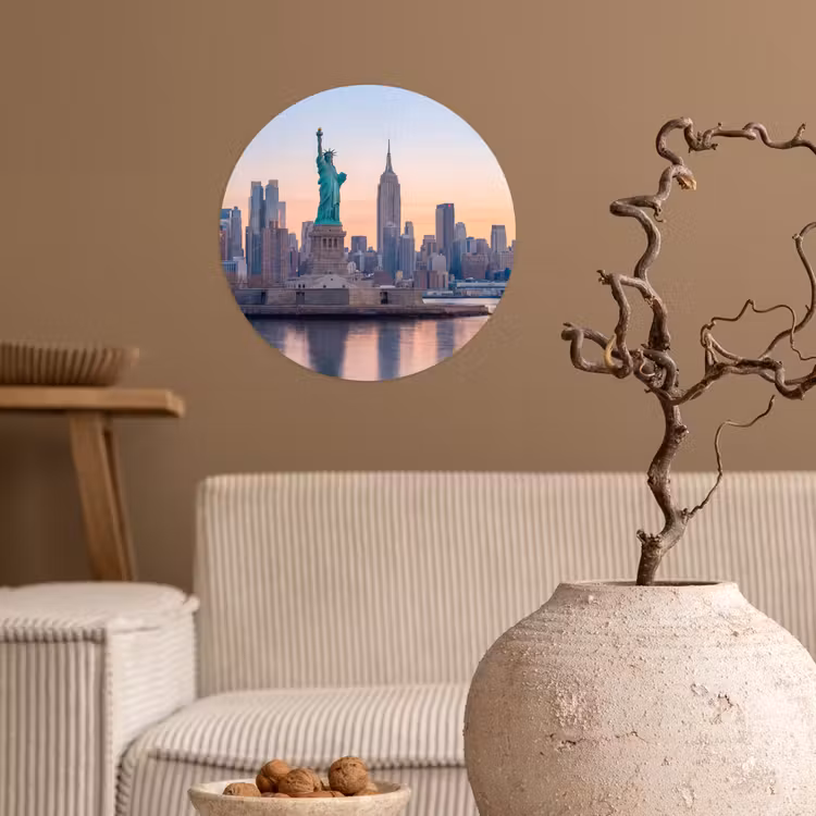 Vrijheidsbeeld - New York - Zonsopgang - Stad - Architectuur Wandcirkel behangsticker klein -sfeer1