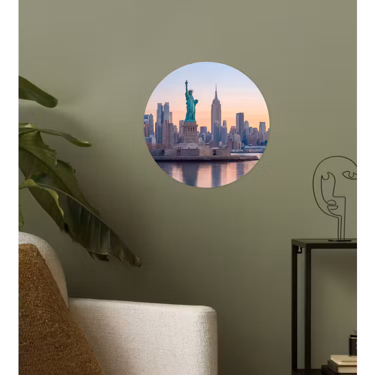 Vrijheidsbeeld - New York - Zonsopgang - Stad - Architectuur Wandcirkel behangsticker klein -sfeer2