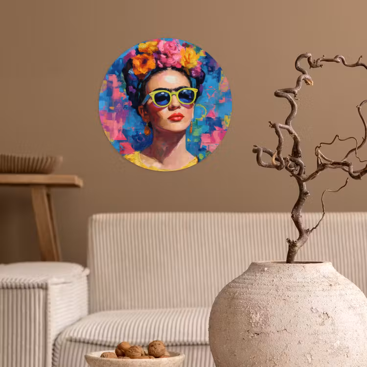 Vrolijk portret - Vrouw - Bloemenkroon Wandcirkel behangsticker klein -sfeer1