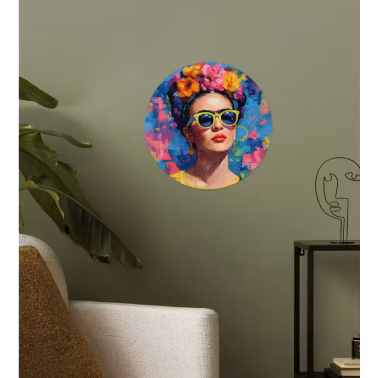 Vrolijk portret - Vrouw - Bloemenkroon Wandcirkel behangsticker klein -sfeer2