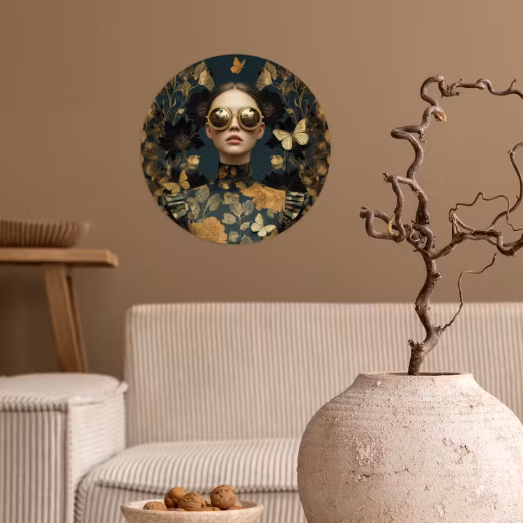 Vrouw - Bladeren - Goud - Vlinders Wandcirkel behangsticker klein -sfeer1