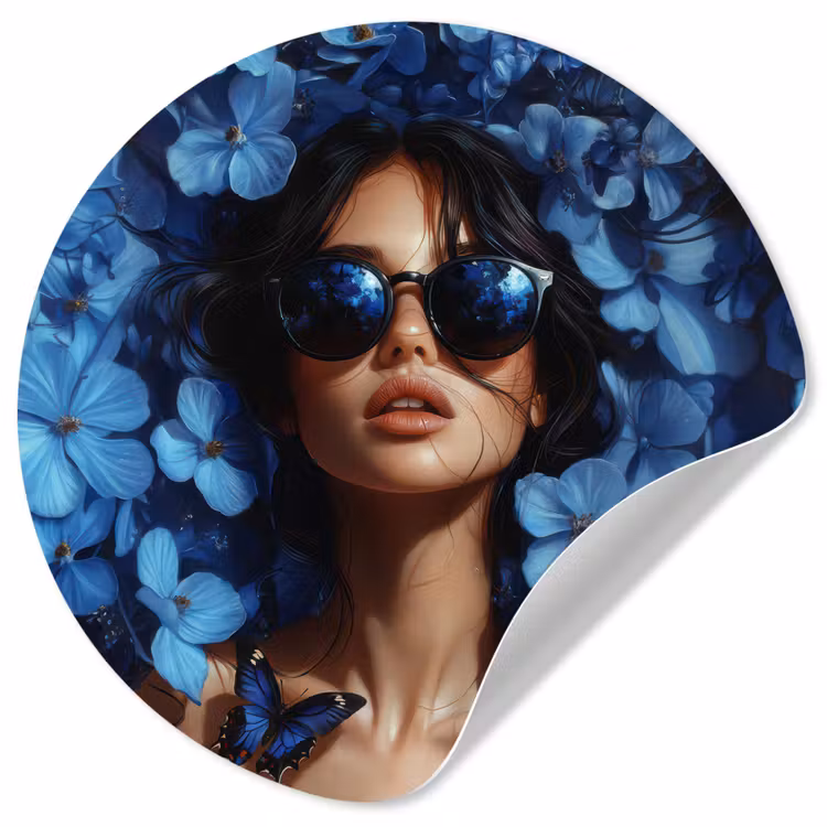 Vrouw - Blauw - Bloemen - Vlinders - Natuur Wandcirkel behangsticker klein -3d