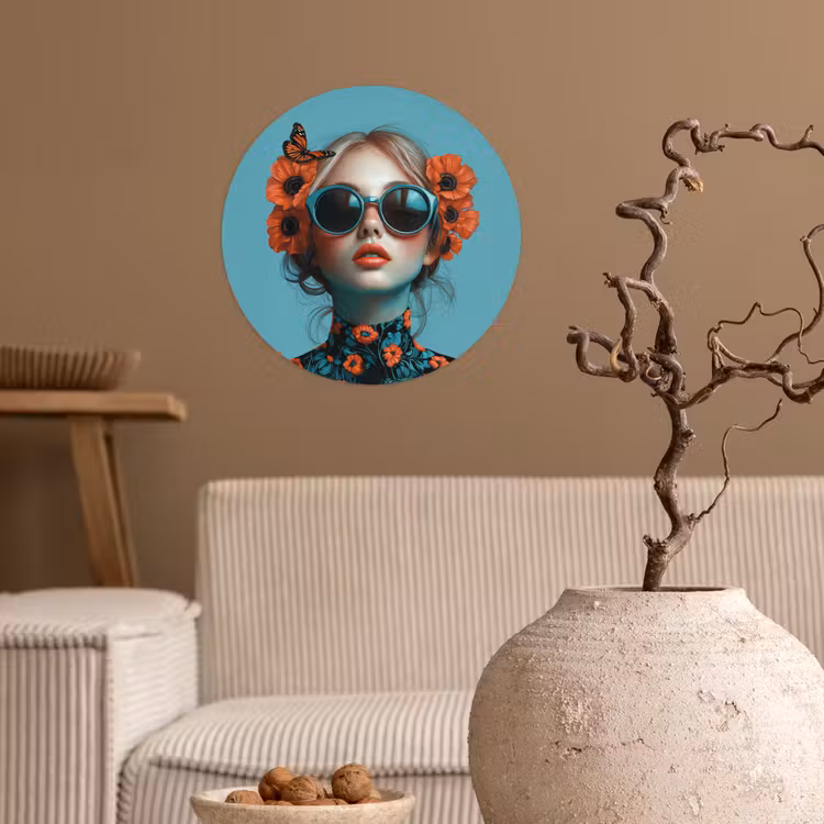 Vrouw - Blauw - Vlinder - Bloemen - Aesthetic Wandcirkel behangsticker klein -sfeer1