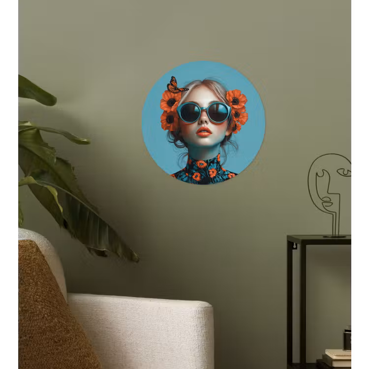 Vrouw - Blauw - Vlinder - Bloemen - Aesthetic Wandcirkel behangsticker klein -sfeer2