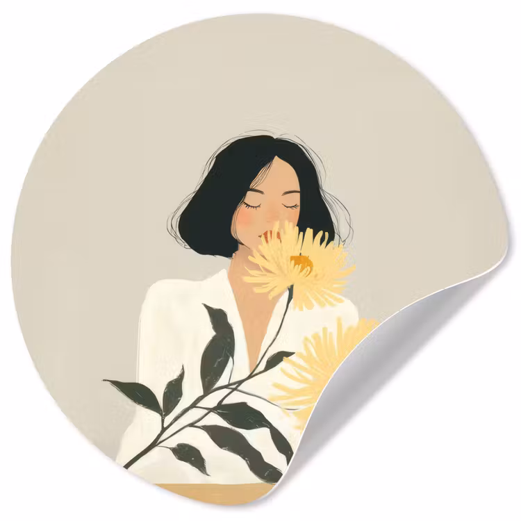 Vrouw - Bloem - Geel - Minimalistisch Wandcirkel behangsticker klein -3d