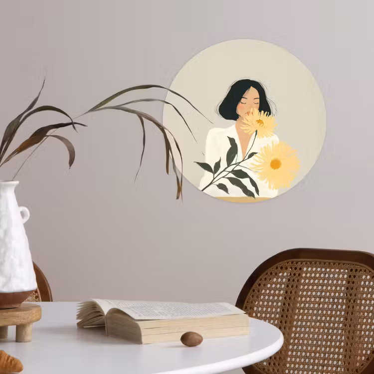 Vrouw - Bloem - Geel - Minimalistisch Wandcirkel behangsticker klein -sfeer3