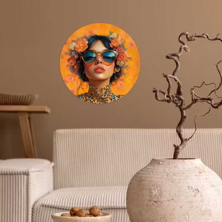 Vrouw - Bloemen - Aesthetic - Oranje Wandcirkel behangsticker klein -sfeer1