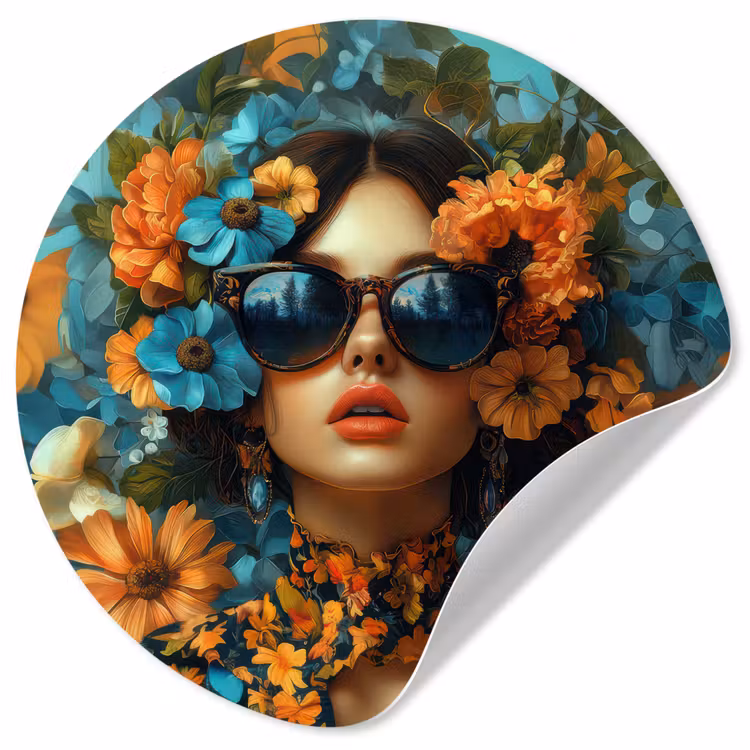 Vrouw - Bloemen - Oranje - Blauw - Modern Wandcirkel behangsticker klein -3d