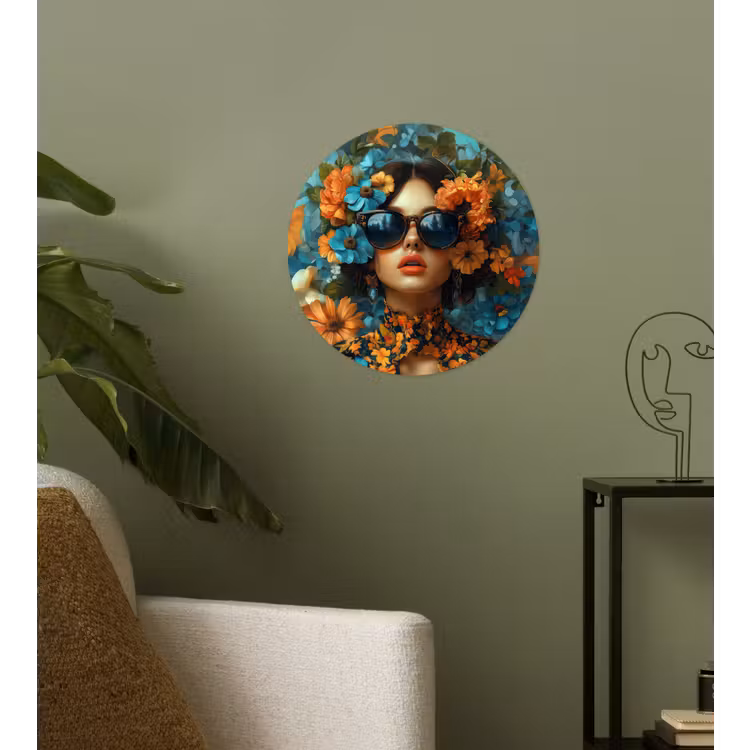 Vrouw - Bloemen - Oranje - Blauw - Modern Wandcirkel behangsticker klein -sfeer2