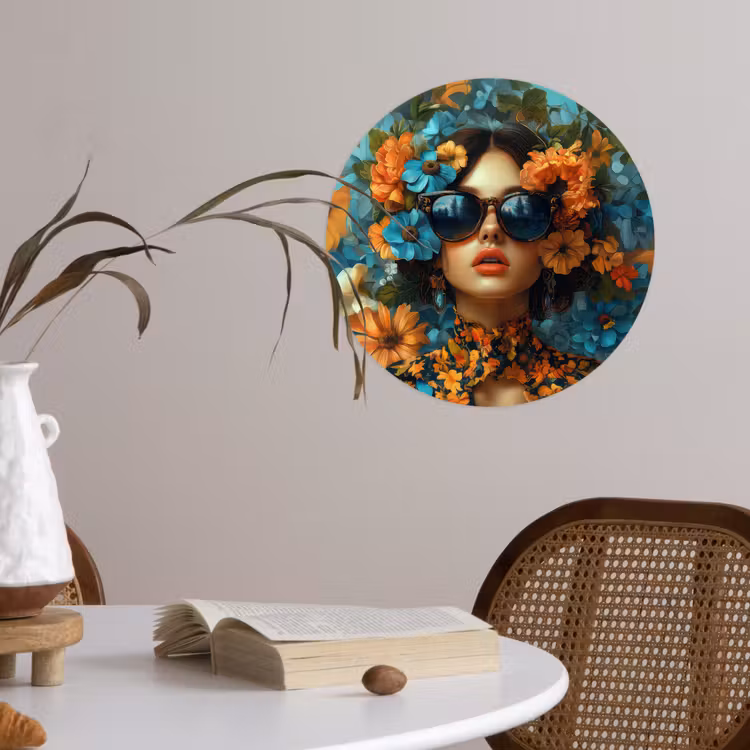 Vrouw - Bloemen - Oranje - Blauw - Modern Wandcirkel behangsticker klein -sfeer3